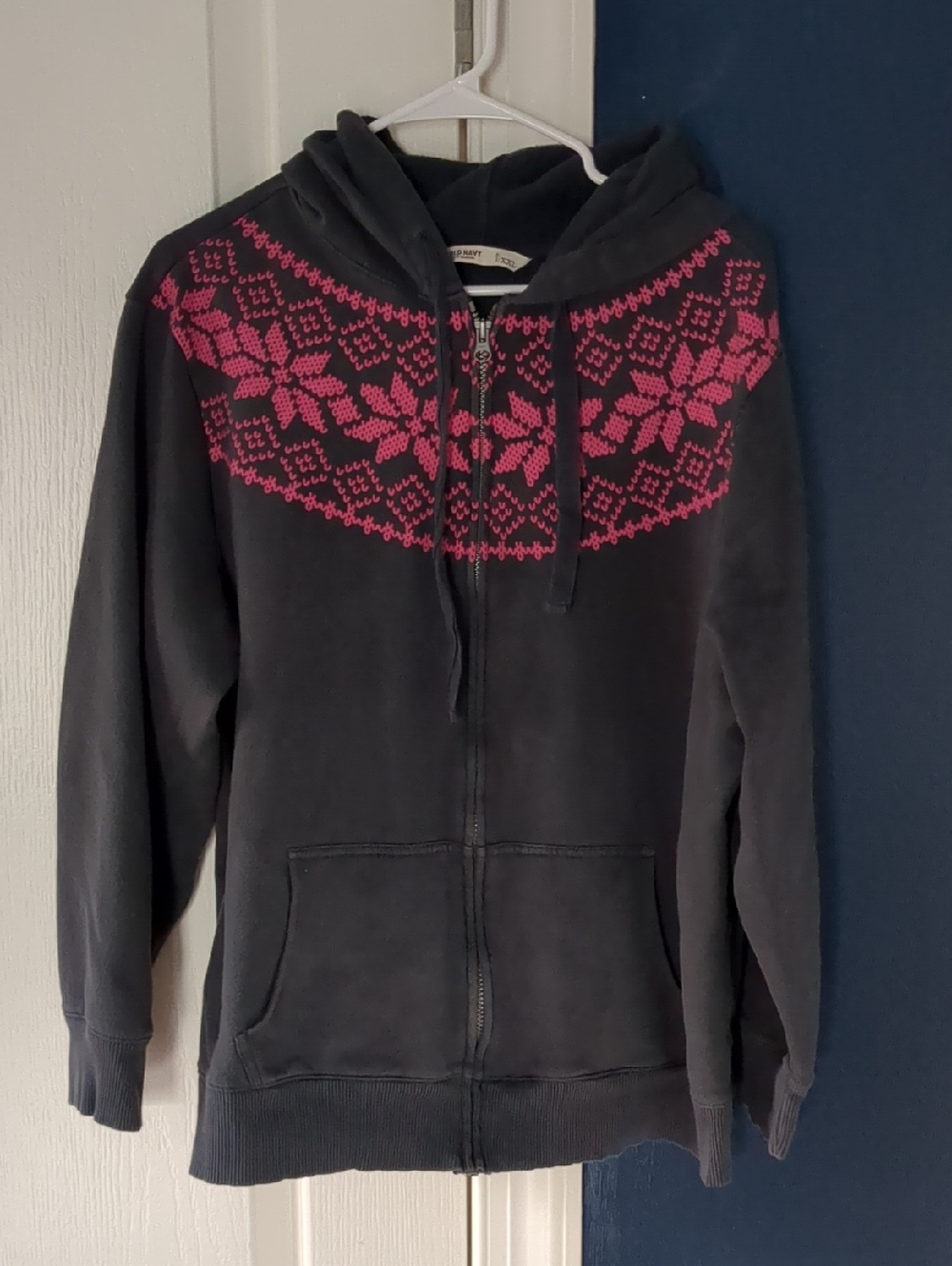 Old Navy Dark Gray Hoodie with Pink Heart Pattern